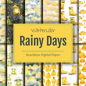 Watercolor Rainy Days Digital Paper Pack, Yellow Seamless Pattern for Scrapbook, Rain Season Weather Background, Sublimation Design Art