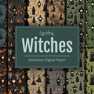 以下が含まれることがあります： ゴシックな魔女をテーマにしたデジタルペーパーパターン8種類セット。パターンは黒、緑、茶色、オレンジなど、さまざまな色で構成されています。各パターンには、魔女、カボチャ、その他のハロウィーン要素の異なるデザインが施されています。