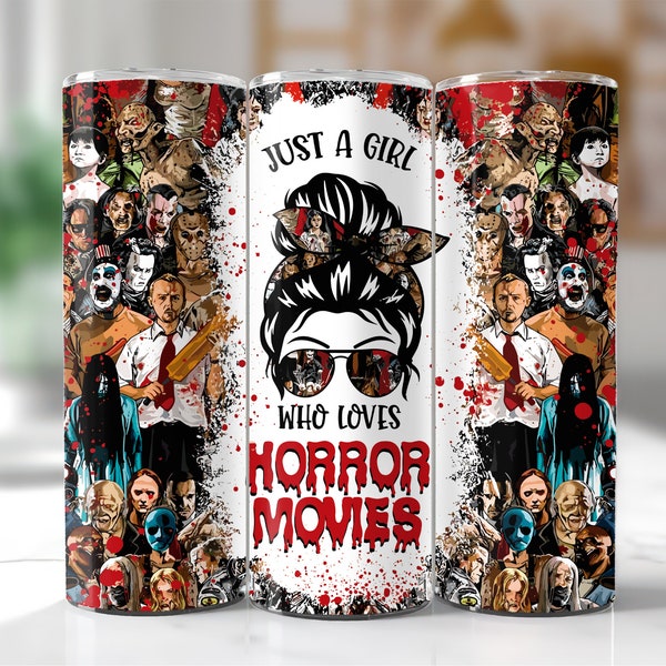 Just a Girl Who Loves Horror Movies Messy Bun Tumbler w/Straw Stainless Steel 20oz Gift for Her, Horror Movie Gift Mug