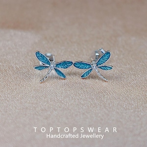 S925 Sterling Silver Blue Enamel Dragonfly Stud Earrings, Delicate and Elegant Jewelry