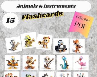 Tarjetas de instrumentos musicales: Animales y colores (PDF imprimible)