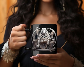 Taza negra de 11 oz, taza de café, taza de tigre abstracto, taza de tigre