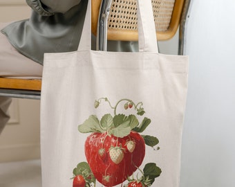 Bolsa de lona de algodón con diseño de fresa: bolsa de compras duradera