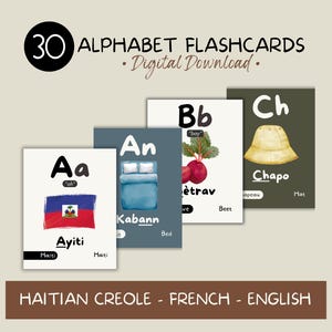 Printable Flashcards for Kids - English, French & Haitian Creole Alphabet, Language Learning, Toddler Vocabulary, Digital Download