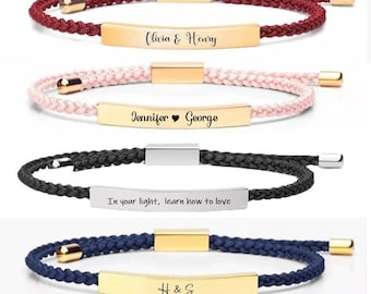 Pulseira personalizada com barra gravada para ela com qualquer nome, presente personalizado banhado a prata e ouro para mãe, irmã e namorada, corda ajustável