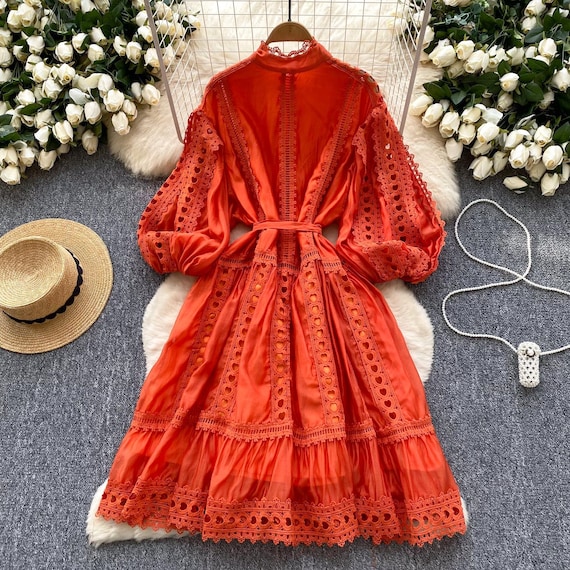 Elegant Floral Mini Dress, Women's U-neck Lantern Sleeve Dress, High Waist  Button-up Dress Spring Summer Fashion, Casual Chic Outfit for Her