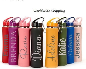 Personalised Engraved Name Double Wall Sports Style Water Bottle 600ml 20oz Custom Gym Bottle Vacuum Insulated Steel Flask Gift for Him-Her