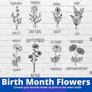 Pode incluir: Um gr&aacute;fico que mostra as flores de nascimento para cada m&ecirc;s do ano. As flores s&atilde;o ilustradas em preto e branco em desenhos de linha. O gr&aacute;fico inclui as seguintes flores: Cravo, Violeta, Narciso, Margarida, L&iacute;rio, Rosa, Delphinium, Papoula, Aster, Cal&ecirc;ndula, Cris&acirc;ntemo e Narciso.