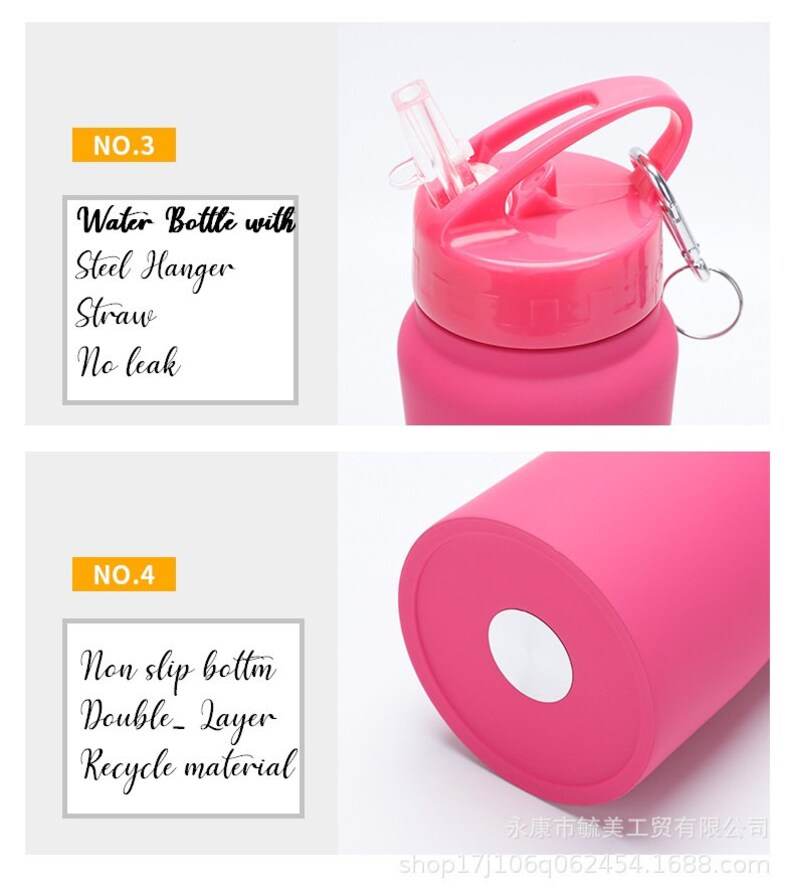 Pode incluir: Garrafa de &aacute;gua rosa com tampa preta, um anel prateado e um canudo prateado. A garrafa tem uma base antiderrapante e &eacute; feita de material reciclado. O texto "NO.3 Water Bottle with Steel Hanger Straw No leak" &eacute; vis&iacute;vel no lado esquerdo da imagem. O texto "NO.4 Non slip bottm Double Layer Recycle material" &eacute; vis&iacute;vel no lado esquerdo da imagem.