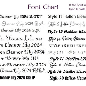 Pode incluir: Um gr&aacute;fico que mostra 20 estilos de fonte diferentes para o nome "Hellen Eleanor Lily 2024". O gr&aacute;fico &eacute; rotulado como "Font Chart".