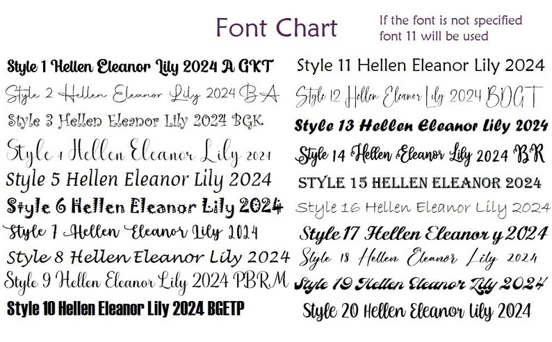 Pode incluir: Um gr&aacute;fico que mostra 20 estilos de fonte diferentes para o nome "Hellen Eleanor Lily 2024". O gr&aacute;fico &eacute; rotulado como "Font Chart".