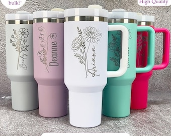 Personalised Birth Flower 40oz Tumbler with Handle Custom Name Travel Mug With Straw Engraved Sports Water Bottle Steel Flask Gift for Her