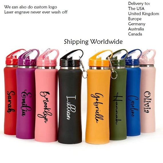 Personalised Engraved Name Double Wall Sports Style Water Bottle 600ml 20oz Drinking Bottle Vacuum Insulated Steel Flask Gift for Him-Her