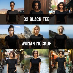 Zwart tee meisje mockup, zomer mockup, T-shirt met korte mouwen, T-shirt mockup, zwart t-shirt mockup, kleding mockup, zwart tee vrouw mockup