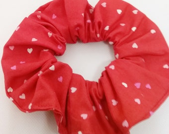 Red Hair Scrunchie  With White and Pink Heart's- Hair Ties- Valentines Day