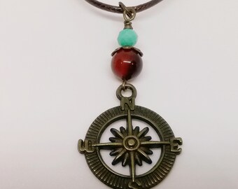 Compass Pendant Necklace- Nautica Pendant Cord Necklace - Cord Pendant Necklace -