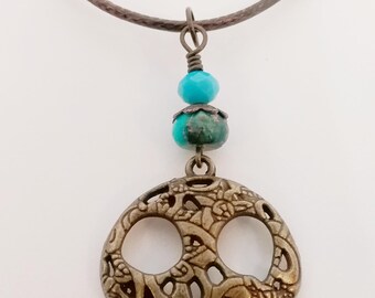 Skull Pendant Necklace- Sugar Skull Pendant Cord Necklace - Cord Pendant Necklace -