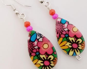 Flower Tear Drop Earrings -Flower Dangle Earrings - Flower Shell Earrings - Gift For Her
