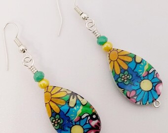Flower Tear Drop Earrings -Flower Dangle Earrings - Flower Shell Earrings - Gift For Her