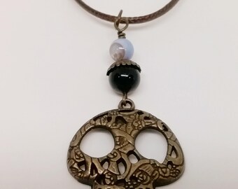 Skull Pendant Necklace- Sugar Skull Pendant Cord Necklace - Cord Pendant Necklace -