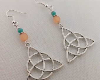Triquetra  Knot Earrings Light Peach/Orange Cat Eye, Trinity Knot Earrings