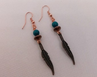 Feather Earrings - Copper Feather Earrings - Gift For Her