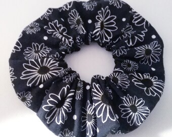 Black/ White Flowers Hair Scrunchie - Hair Ties - Hair Accessories