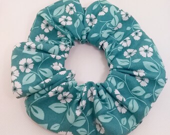 Teal/White Flowers Hair Scrunchie - Hair Ties - Hair Accessories