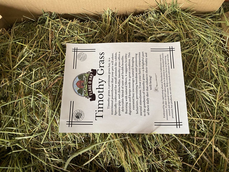 Op de afbeelding: Een close-up van een doos gevuld met groen Timothy-gras hooi. Een wit papier met de tekst "FLAKE O HAY Timothy Grass" is zichtbaar bovenop het hooi.