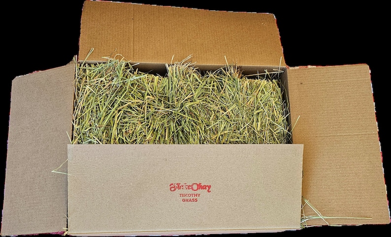 Op de afbeelding: Een kartonnen doos gevuld met groen Timothy-gras hooi. De doos is open en het hooi is zichtbaar van binnen. De doos heeft een rood label met de tekst "Sunshine Hay" en "Timothy Grass".