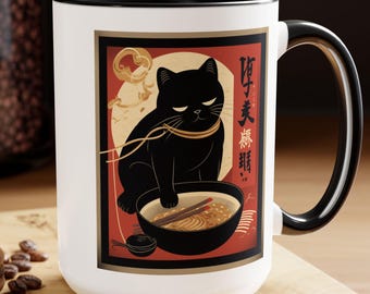 Caneca de Ramen Gato Preto: Xícara de Café Estilo Japonês Kawaii