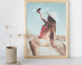 Cowgirl Selfie Art Print | Coastal Cowgirl Art | Digital Download | Printable Art | Cowgirl Art Print | Pink Western Wall Art | Bar Cart Art