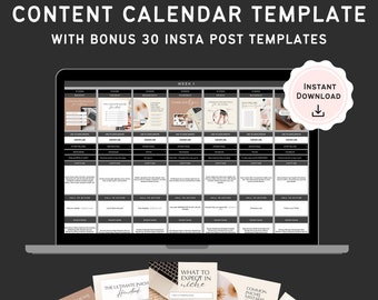 Social Media Content Calendar Template, Google Sheets, Editable, Instant Download, Black