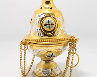 Small Gold and Silver Orthodox Incense Burner, Holy Land Religious Gift, Can Be Blessed in Jerusalem Christian Censer for Prayer and Worship