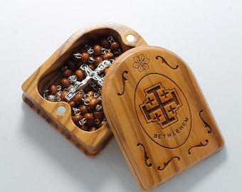 Rosário abençoado em caixa de madeira de Jerusalém | Presente de oração do Santo Sepulcro