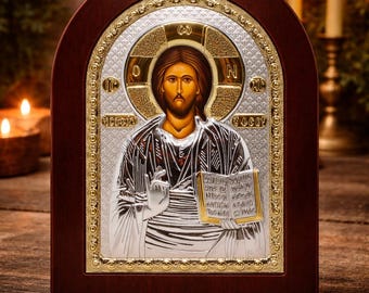 Christ Pantocrator Icon Silver & Gold Plated Orthodox Icon from Jerusalem – Jesus Christ Icon – Religious Gift –Christian Home Decor