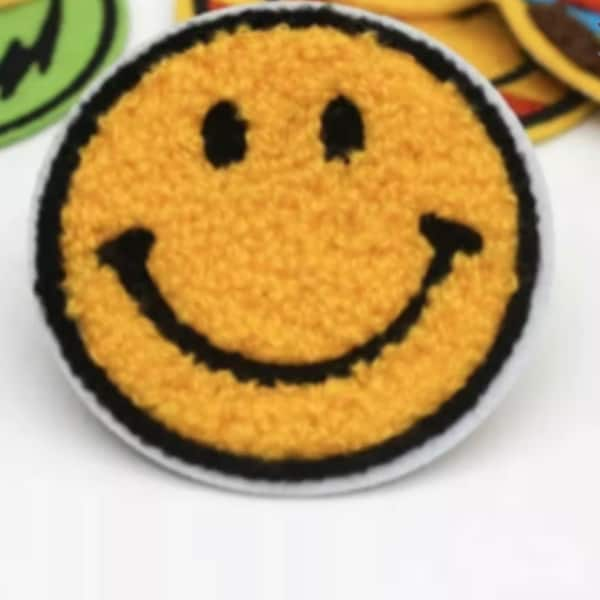 Smiley face patch - Chenille Smiley face patch - Iron on Smiley Face Patch - Smiley Face Fashion Patch - YELLOW