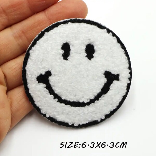 Smiley face patch - Chenille Smiley face patch - Iron on Smiley Face Patch - Smiley Face Fashion Patch - WHITE