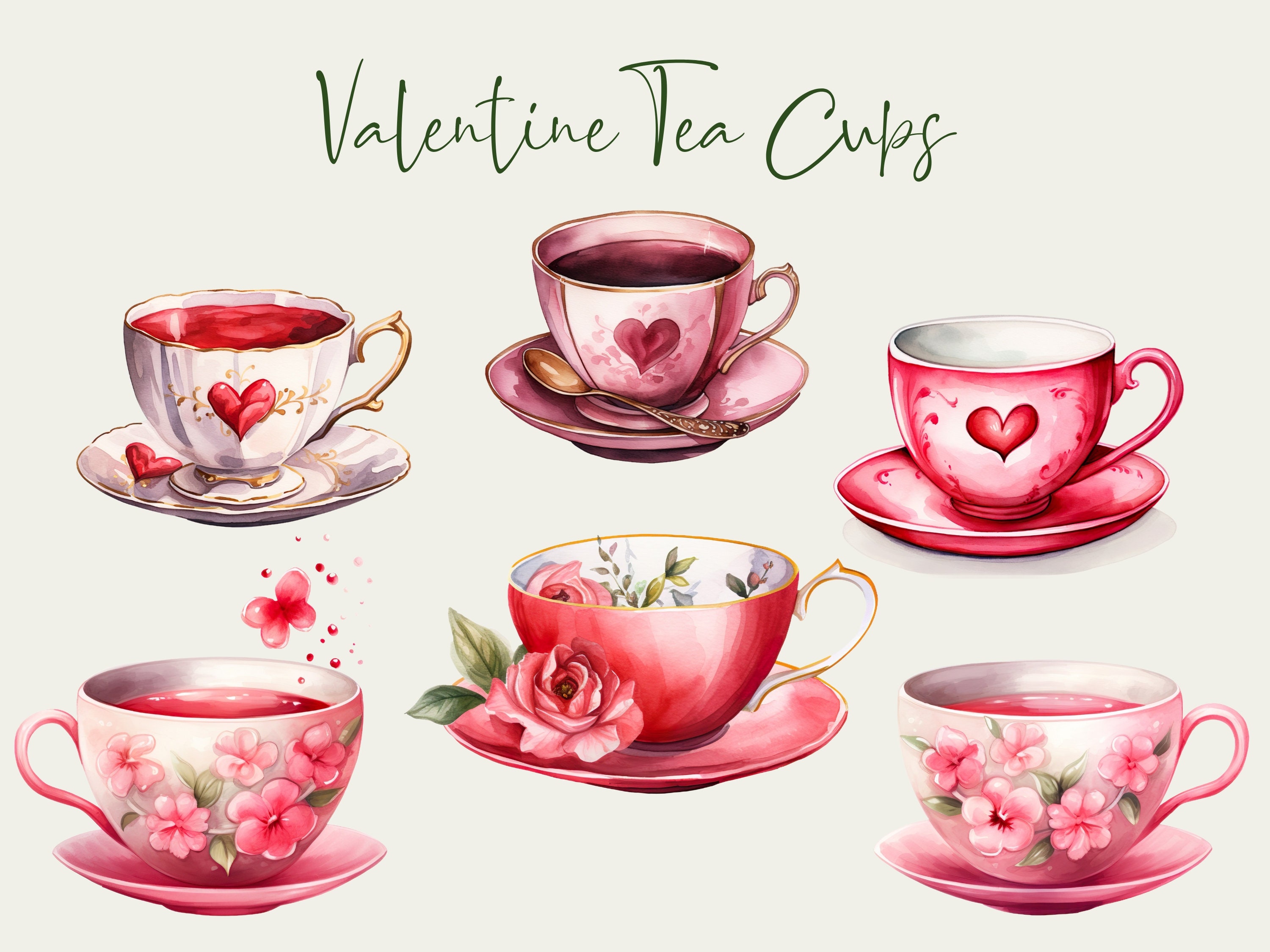 Valentine Tea Party Clip Art. Heart & Flowers Tea Cup Bundle. Love Tea