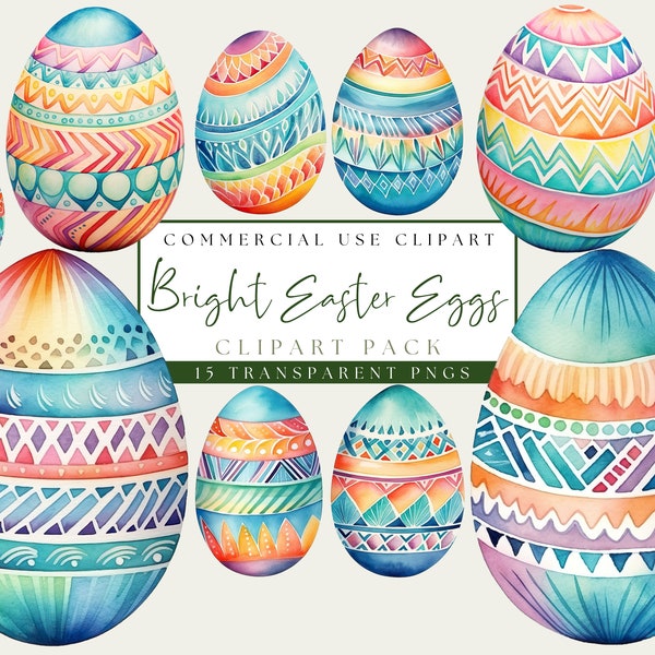 Painted Easter Egg Clip Art. Bright Decorated Spring Eggs. Colorful Easter PNG Images. Instant Download. Watercolor Bundle. Commercial Use.