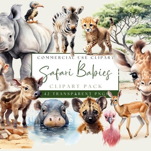 Safari Animals Clipart Watercolor Transparent PNGs Commercial Use Nursery Clip Art Giraffe Elephant Lion Zebra Hippo Monkey Cute Baby Animal