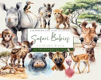 Safari Animals Clipart Watercolor Transparent PNGs Commercial Use Nursery Clip Art Giraffe Elephant Lion Zebra Hippo Monkey Cute Baby Animal