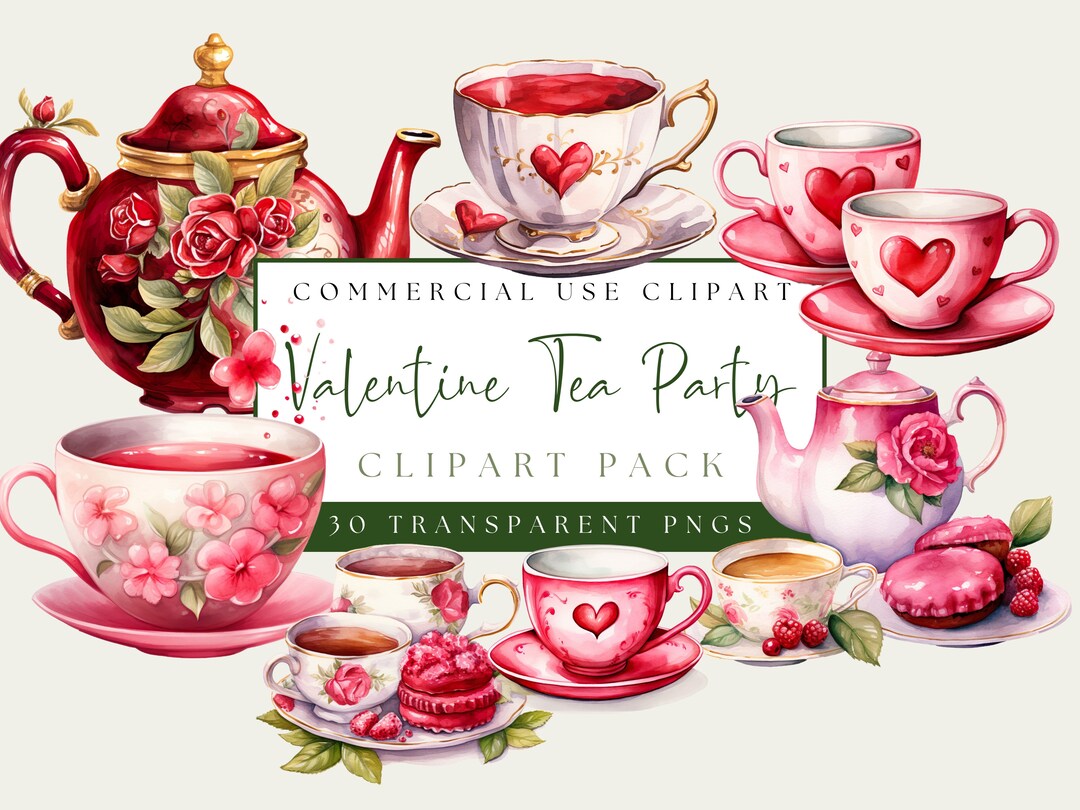 Valentine Tea Party Clip Art. Heart & Flowers Tea Cup Bundle. Love Tea