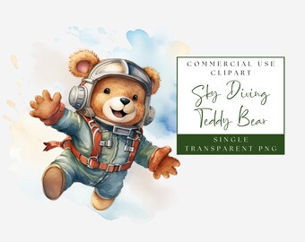 Flygande björn Clipart. Akvarell söt fallskärmshoppande nallebjörn. Babyshower-bild. Babybjörnspilot PNG-grafik. Kommersiellt bruk. Direkt nedladdning.