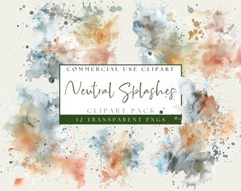 May include: A collection of watercolor clipart featuring neutral color splashes in shades of blue, orange, and gray. The image includes the text "Commercial Use Clipart" and "Neutral Splashes" with "12 Transparent PNGs".
