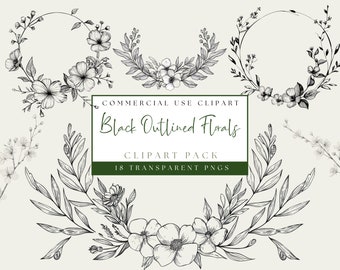 Blommig linjekonst Clipart. Svart konturerad blomgrenbunt. Boho kransbilder. Omedelbar digital nedladdning. Kommersiell användning. Transparenta PNG-filer