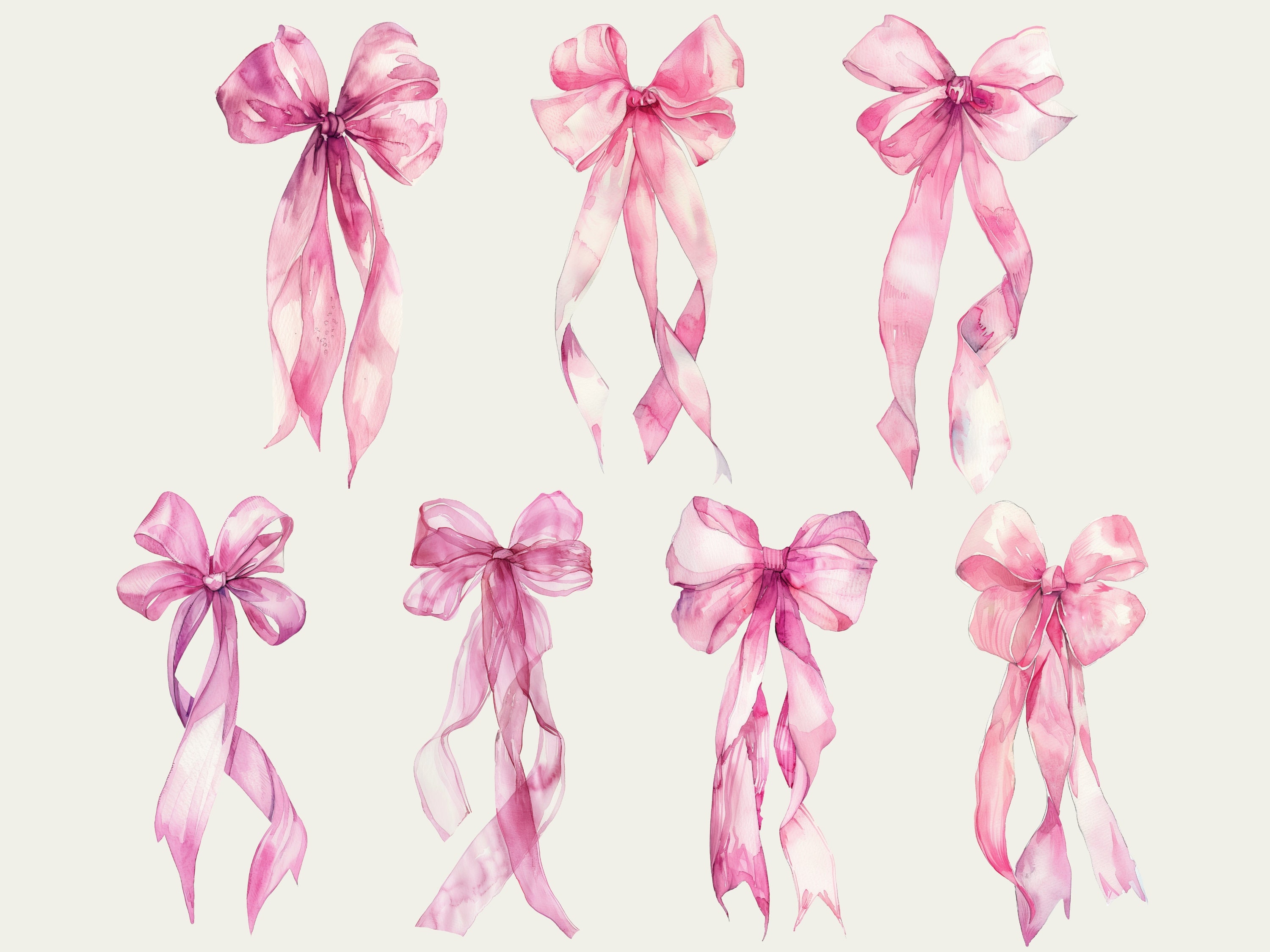 Pink Bow Ribbon Clipart. Watercolor Pastel Pink Silk Bows. Vintage