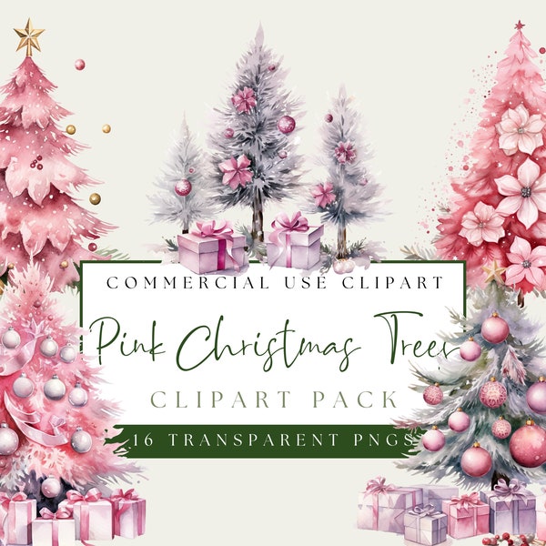 Pink Christmas Tree Clip Art. Pink Watercolor PNG Bundle. Holiday Designs. Commercial Use. Instant Download. Candy Pink Xmas. Festive Decor.