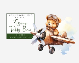 Flygande björn Clipart. Akvarell brunbjörn i flygplan. Babyshower-bild. Babybjörnspilot PNG-grafik. Kommersiellt bruk. Direkt nedladdning.