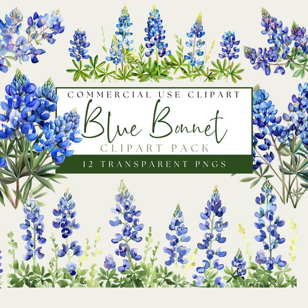 Clipart Bluebonnet. Texas Bluebonnets State Flower aquarel grafische bundel. Unieke bloem-PNG's. Direct digitaal downloaden. Commercieel gebruik.